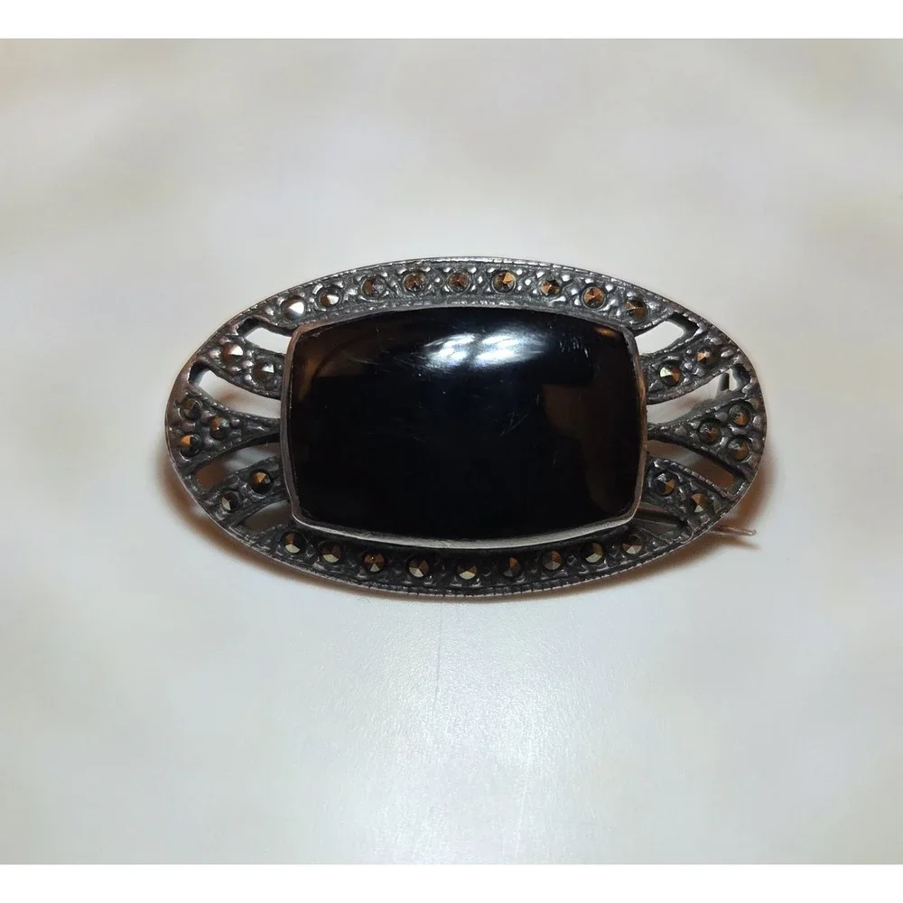 Unique Sterling Silver, Black Onyx, & Marcasite‎ Brooch 925
